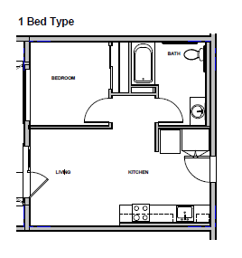 a floor plan of a small room with a bedroom and a bathroom